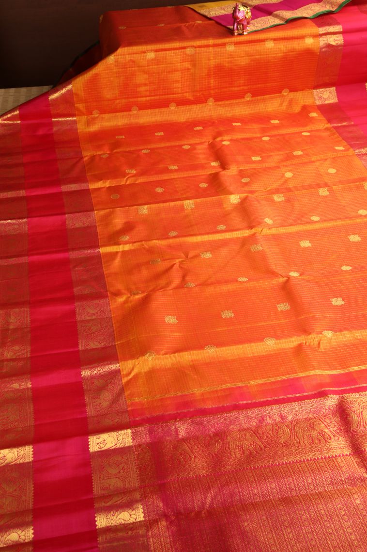 Apricot Orange Kanchipuram Silk Sarees with Gold Zari Peacock And Rudhractam view 2