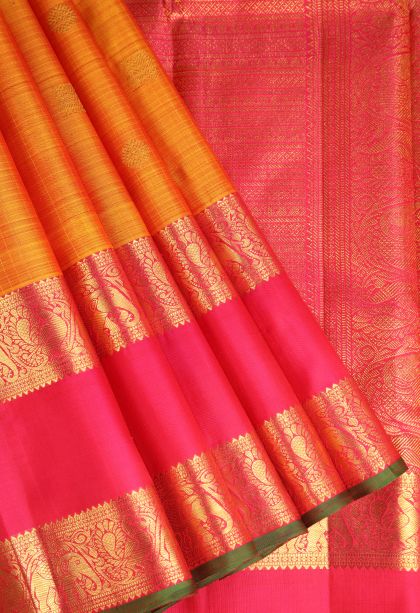 Apricot Orange Kanchipuram Silk Sarees with Gold Zari Peacock And Rudhractam
