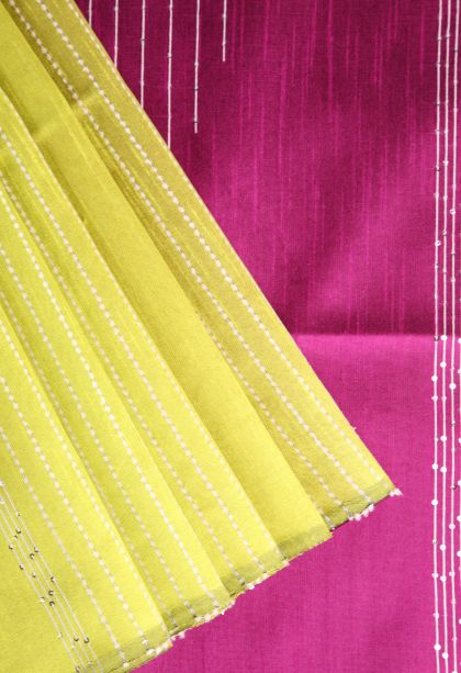 Lemon Yellow Jute Sarees with Thread Zari Thred Weaving