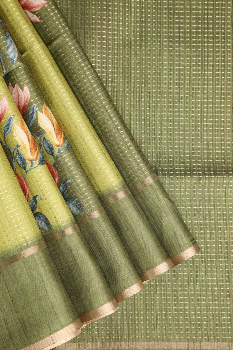 Olive Green Semi Tussar Silk with Gold Zari Kodi Pattern view 1