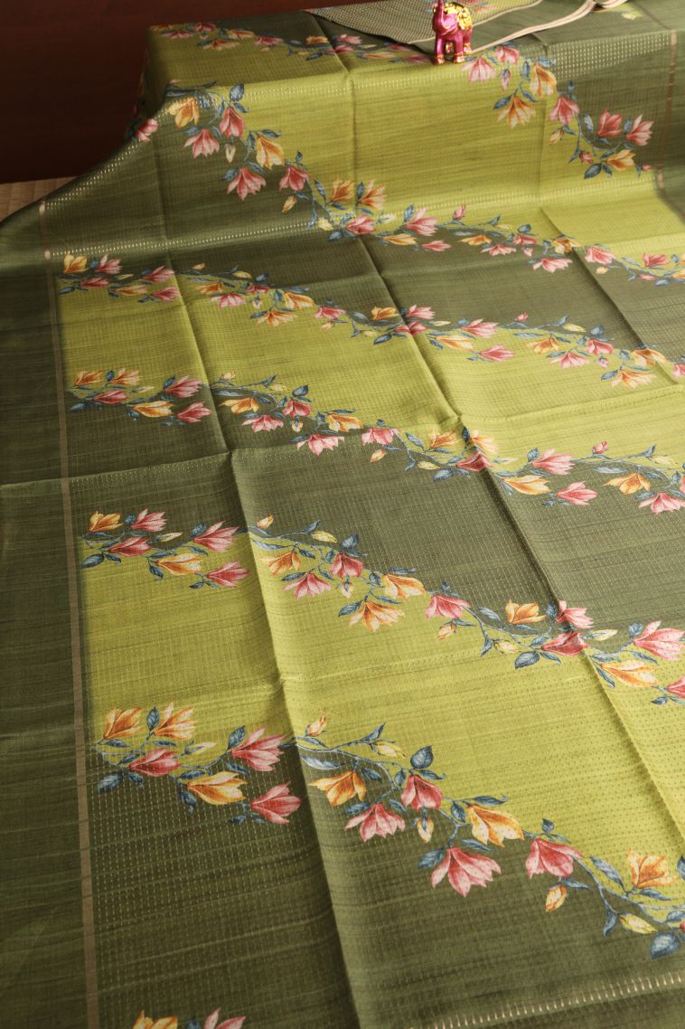 Olive Green Semi Tussar Silk with Gold Zari Kodi Pattern view 2