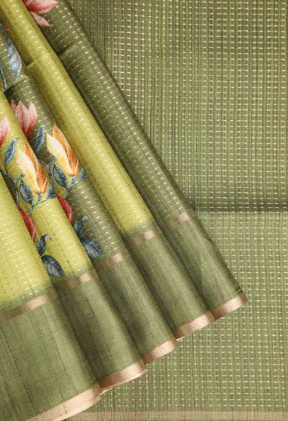 Olive Green Semi Tussar Silk with Gold Zari Kodi Pattern