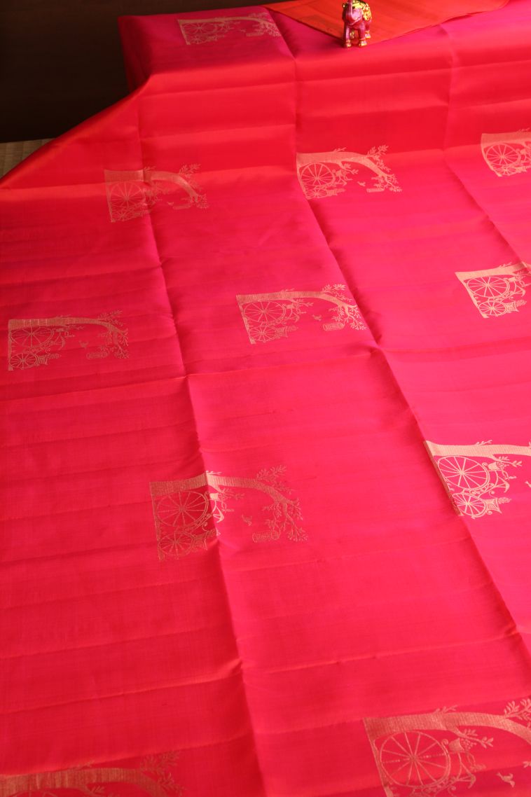 Strawberry Pink Soft Silk Saree with Gold Zari Jacquard view 2