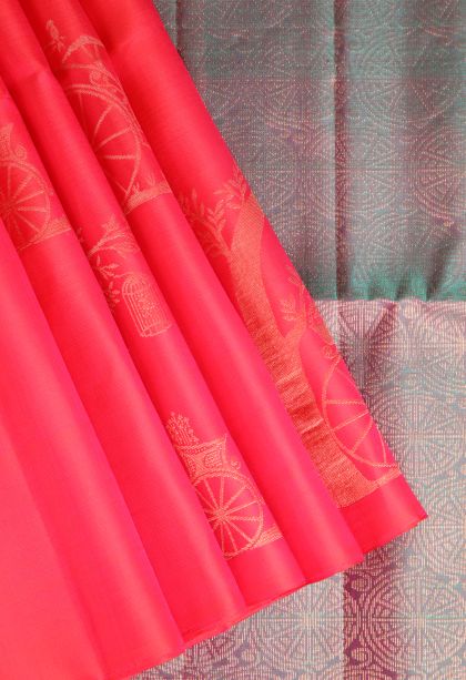 Strawberry Pink Soft Silk Saree with Gold Zari Jacquard