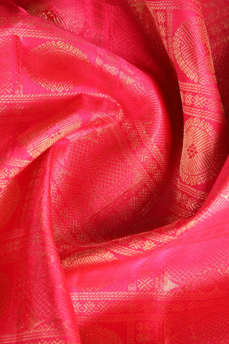 Strawberry Pink Kanchipuram Silk Sarees with Gold Zari Circle Mottif view 4