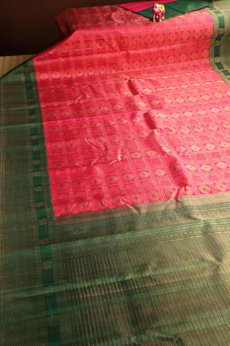 Strawberry Pink Kanchipuram Silk Sarees with Gold Zari Circle Mottif view 2
