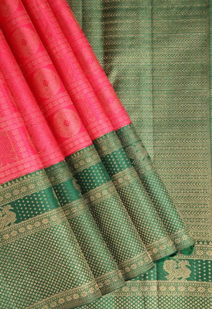 Strawberry Pink Kanchipuram Silk Sarees with Gold Zari Circle Mottif