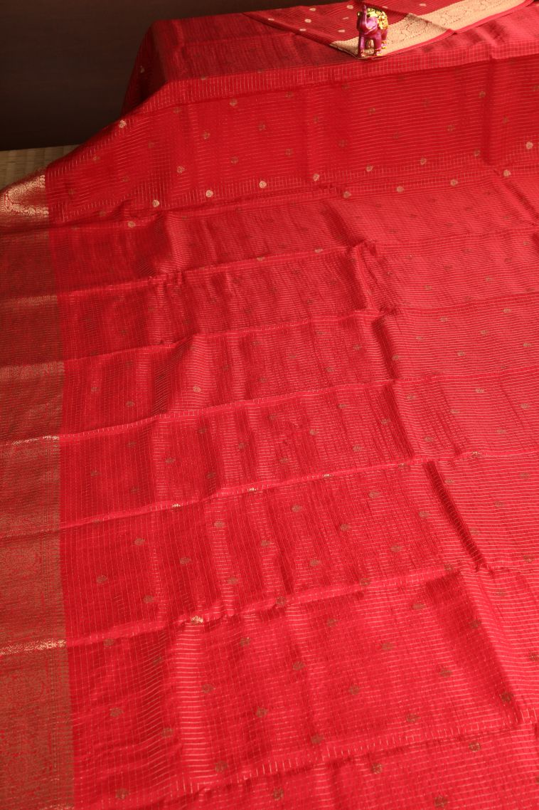 Rose  Red Banaras Sarees with Gold Zari Checks And Puttas view 2