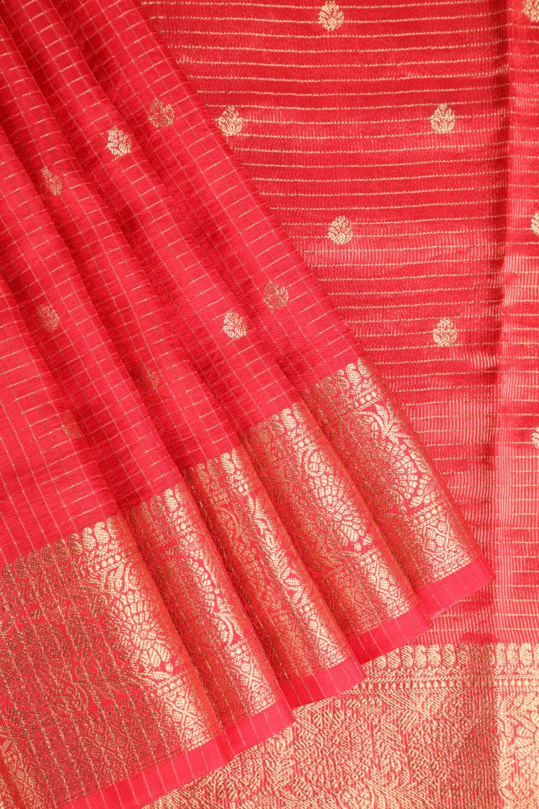 Rose Red Banaras Sarees with Gold Zari Checks And Puttas