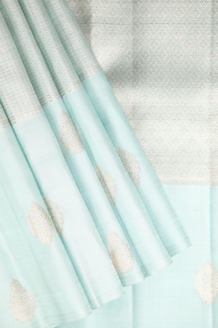 Pistachio Green Kanchipuram Silk Sarees with Gold Zari Checks view 1