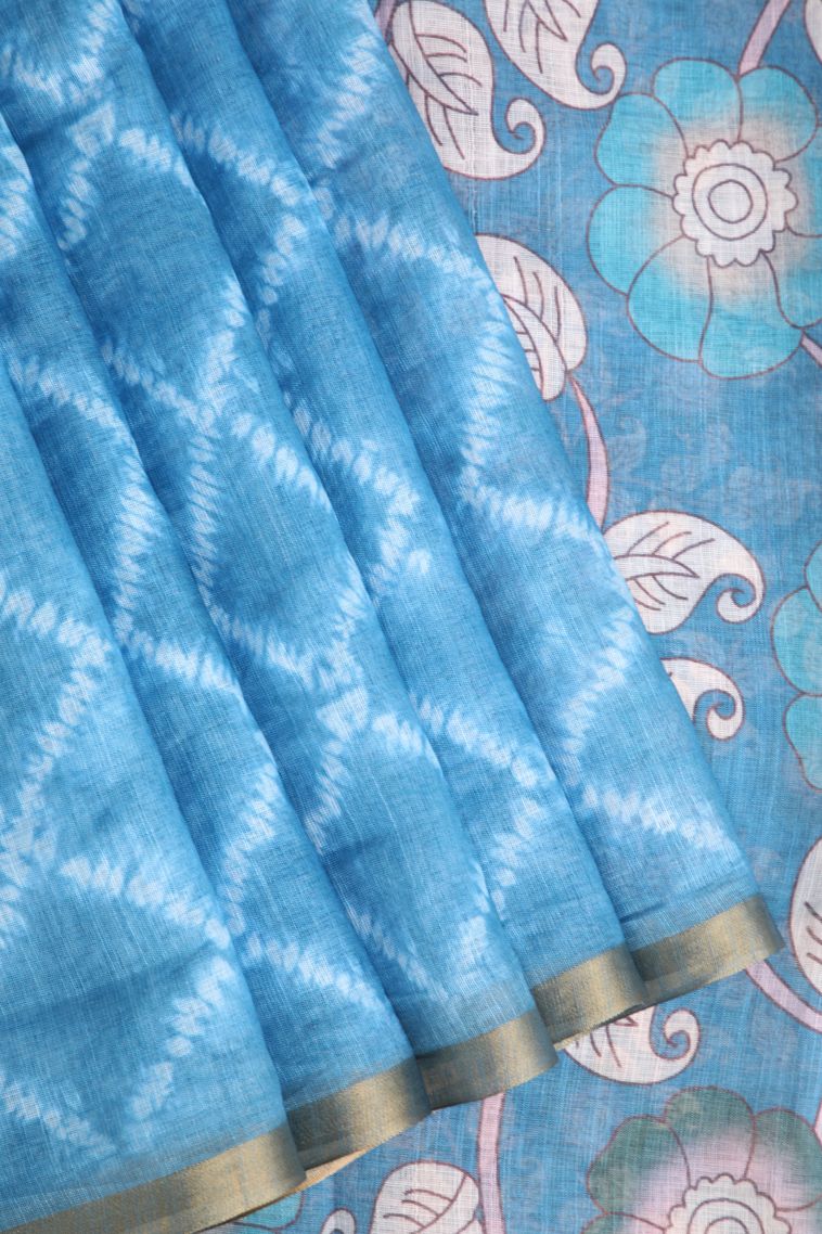 Cerulean Blue Linen Saree with Without Zari Zari Pathik Motifs view 1