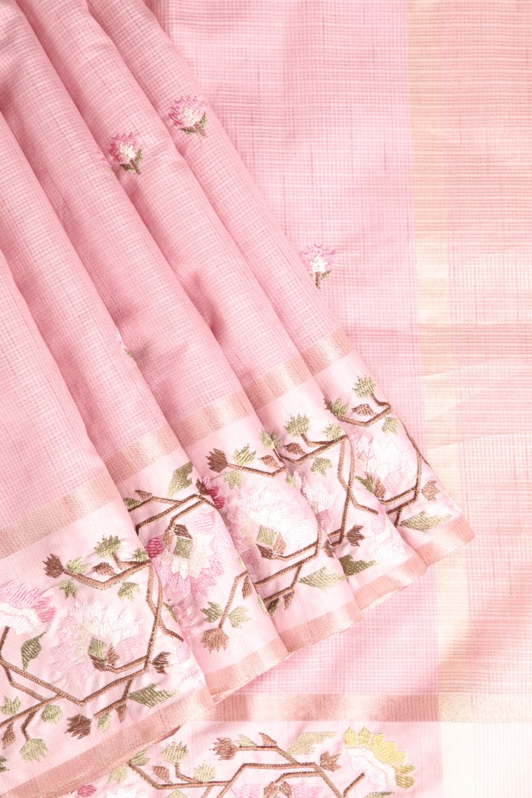 Lemonade Pink Jute Sarees with Gold Zari Floral Puttas Embroidary view 1