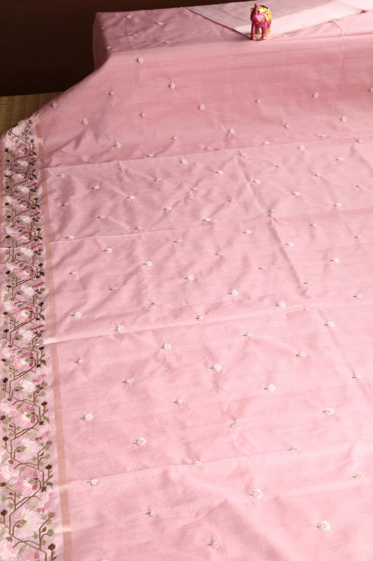 Lemonade Pink Jute Sarees with Gold Zari Floral Puttas Embroidary view 2