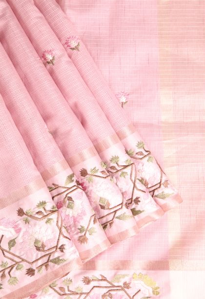 Lemonade Pink Jute Sarees with Gold Zari Floral Puttas Embroidary