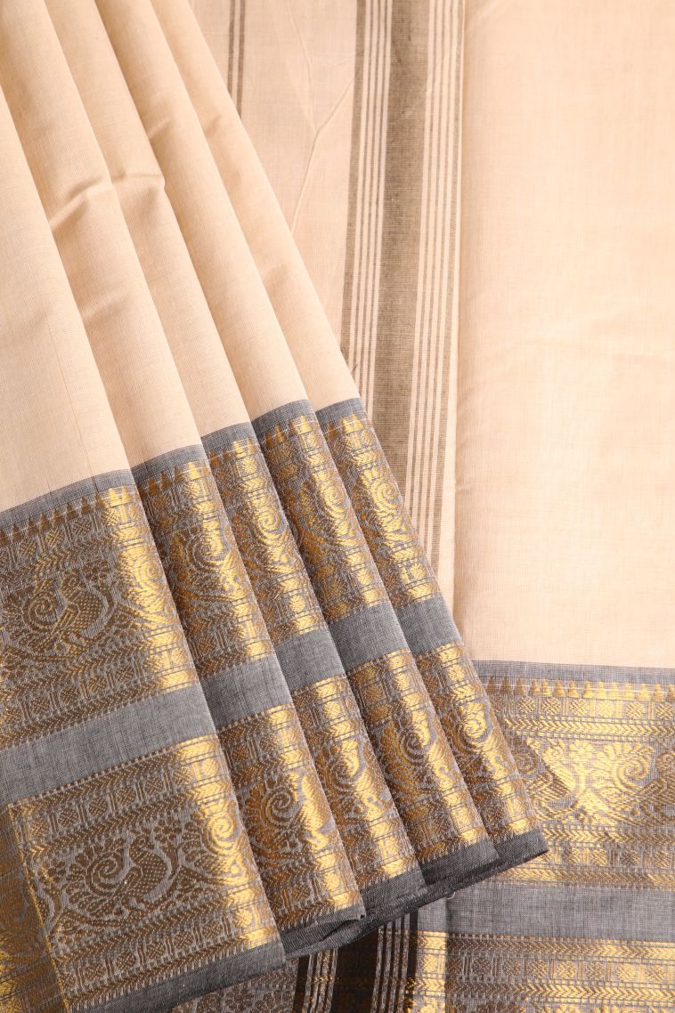 Coconut White Chettinad Cotton Sarees with Gold Zari Plain With Border view 1