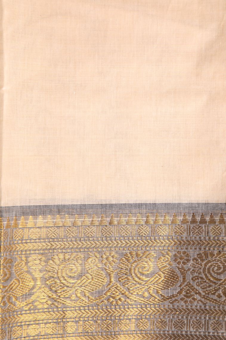Coconut White Chettinad Cotton Sarees with Gold Zari Plain With Border view 3