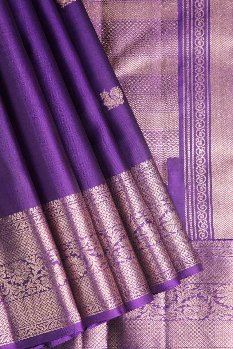 Viola Purple Soft Silk Saree with Gold Zari Peacock Motifs