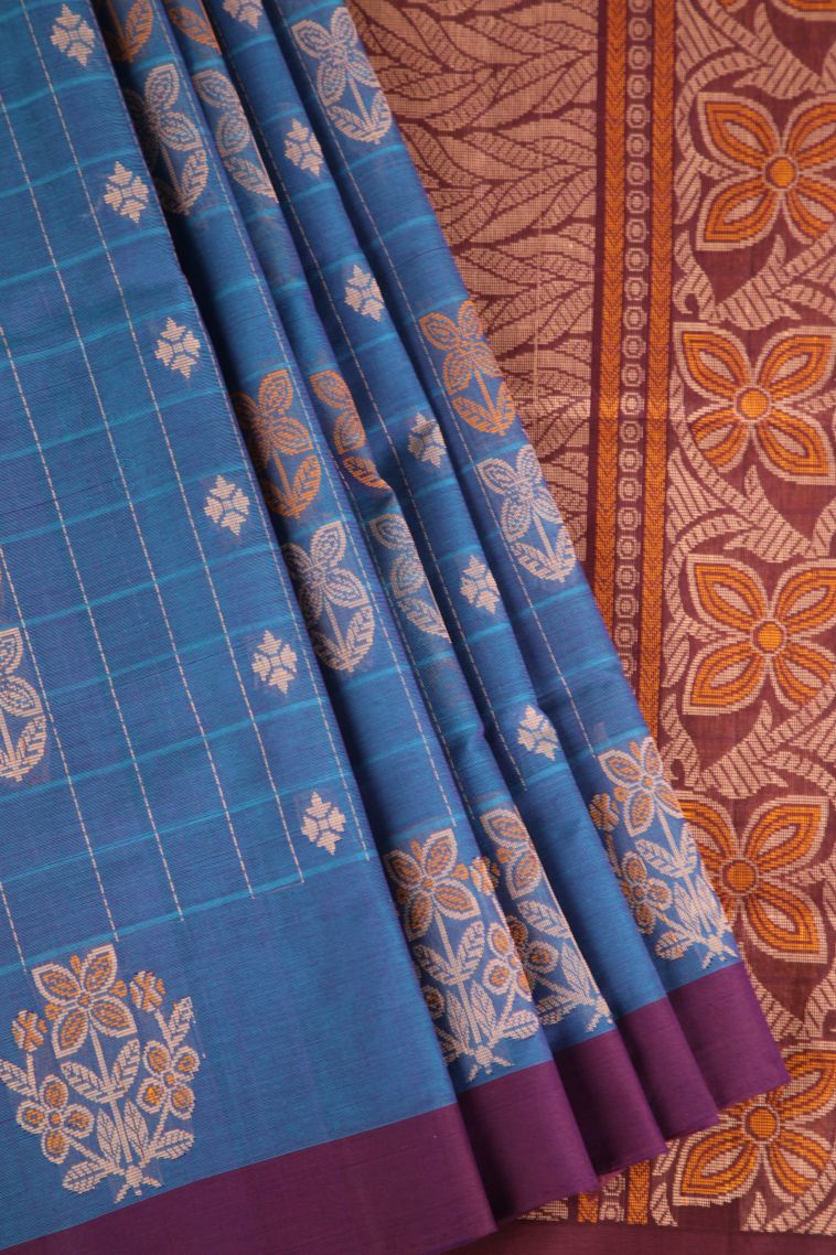 Cerulean Blue Pure Handloom Kovai Cotton with Without Zari Zari Checks And Puttas view 1