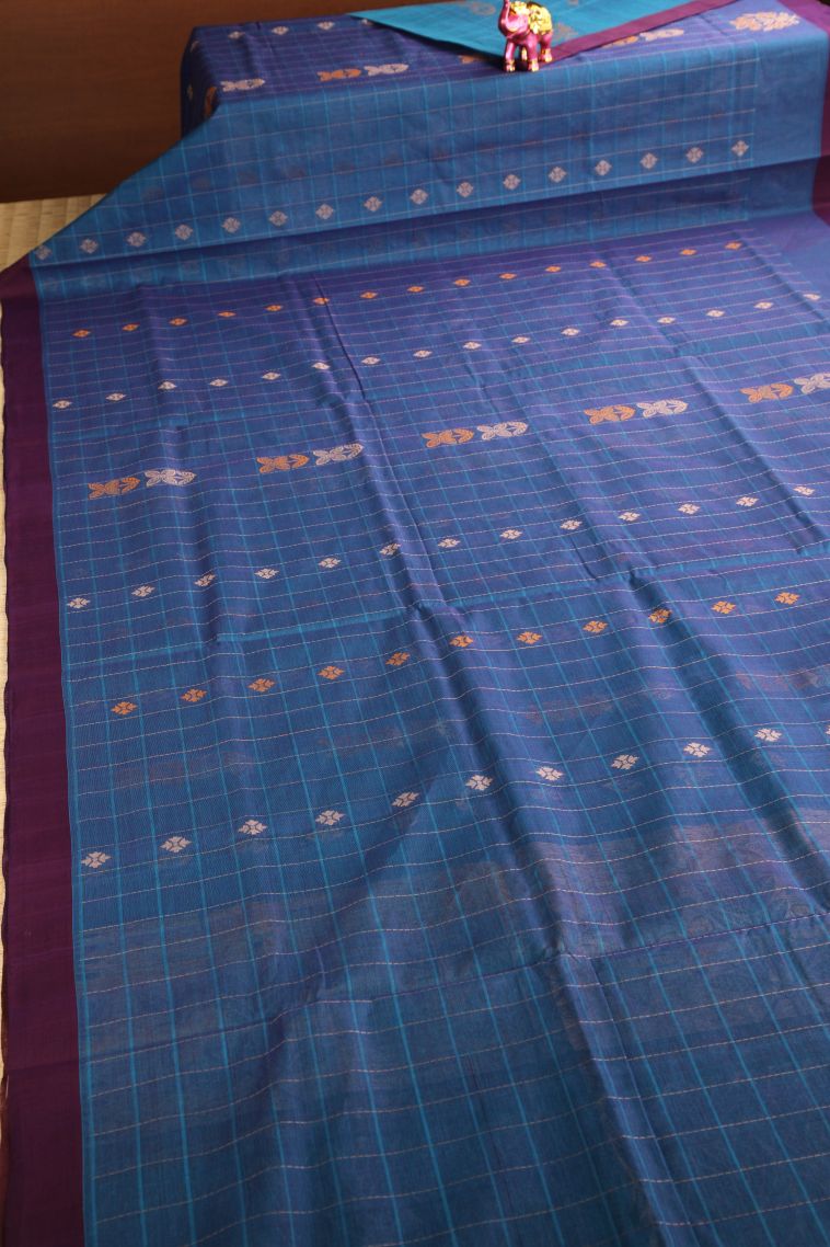 Cerulean Blue Pure Handloom Kovai Cotton with Without Zari Zari Checks And Puttas view 2