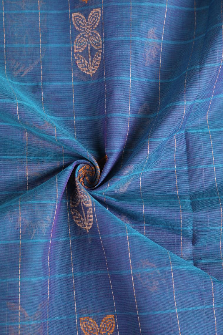 Cerulean Blue Pure Handloom Kovai Cotton with Without Zari Zari Checks And Puttas view 4