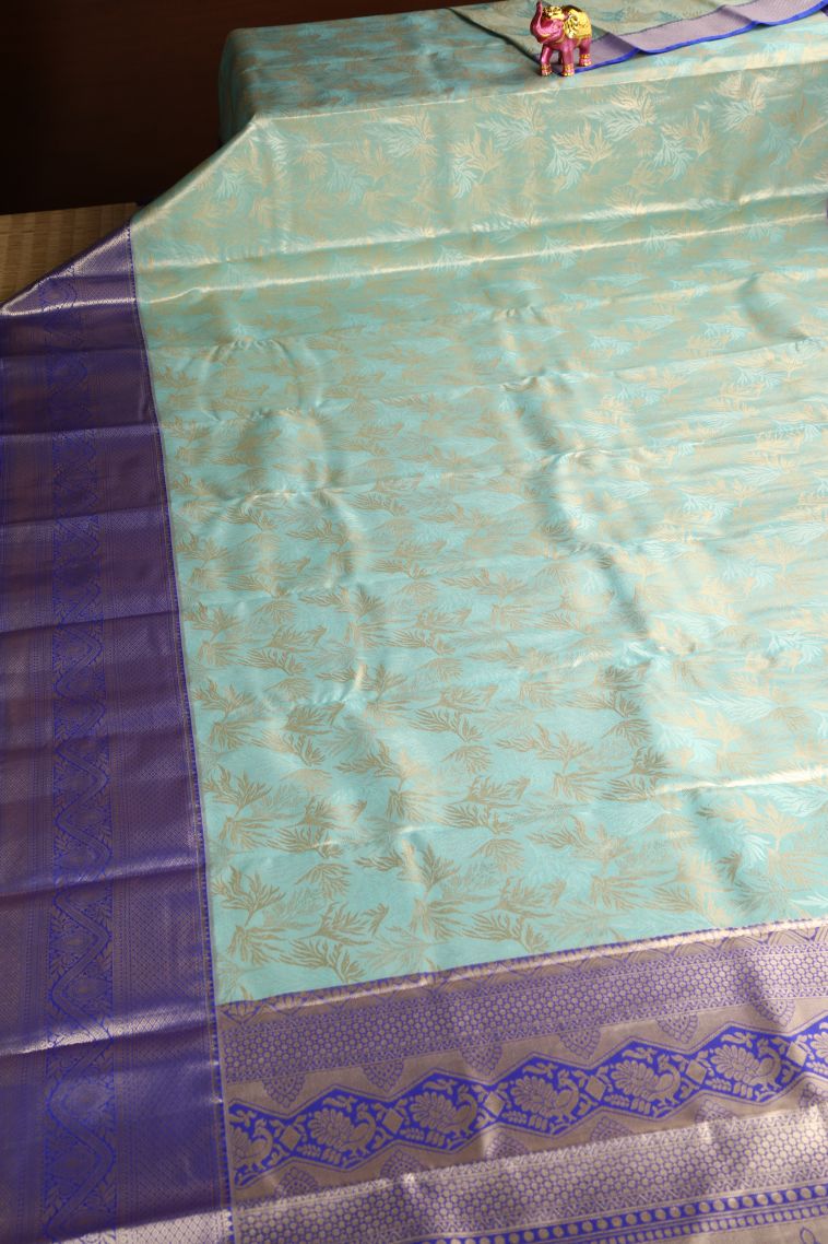Pistachio Green Apoorva Silk Sarees with Gold And Silver Zari Leaf Pattern view 2