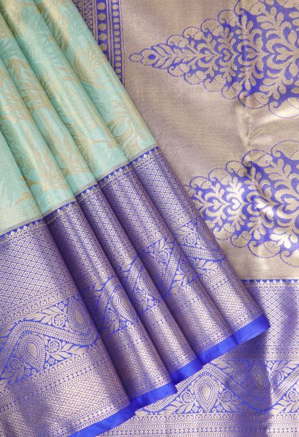 Pistachio Green Apoorva Silk Sarees with Gold And Silver Zari Leaf Pattern