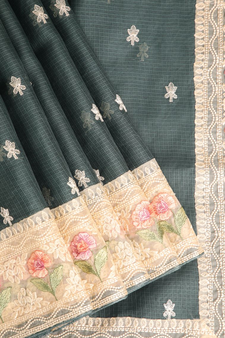 Seaweed Green Manipuri Cotton Sarees with Without Zari Zari Floral Puttas view 1