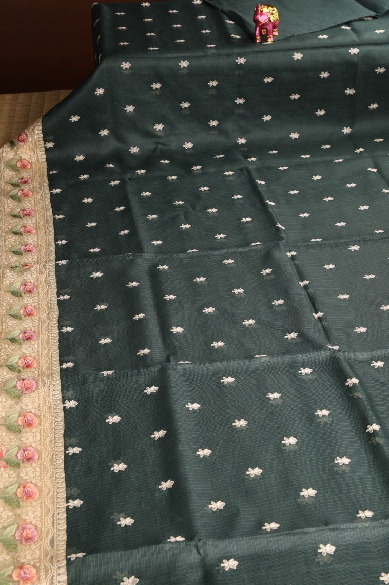 Seaweed Green Manipuri Cotton Sarees with Without Zari Zari Floral Puttas view 2