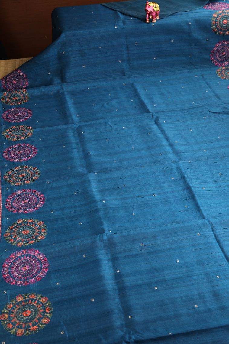 Aegean Blue Semi Tussar Silk with Without Zari Zari Embroidary view 2