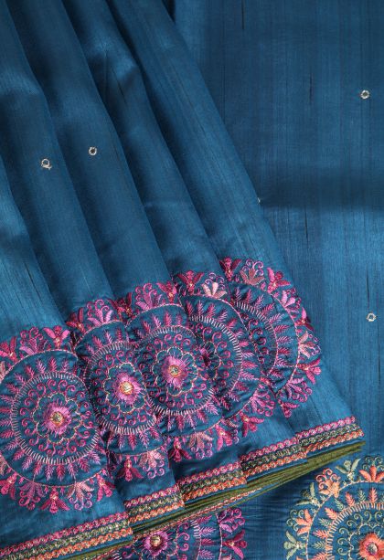Aegean Blue Semi Tussar Silk with Without Zari Zari Embroidary