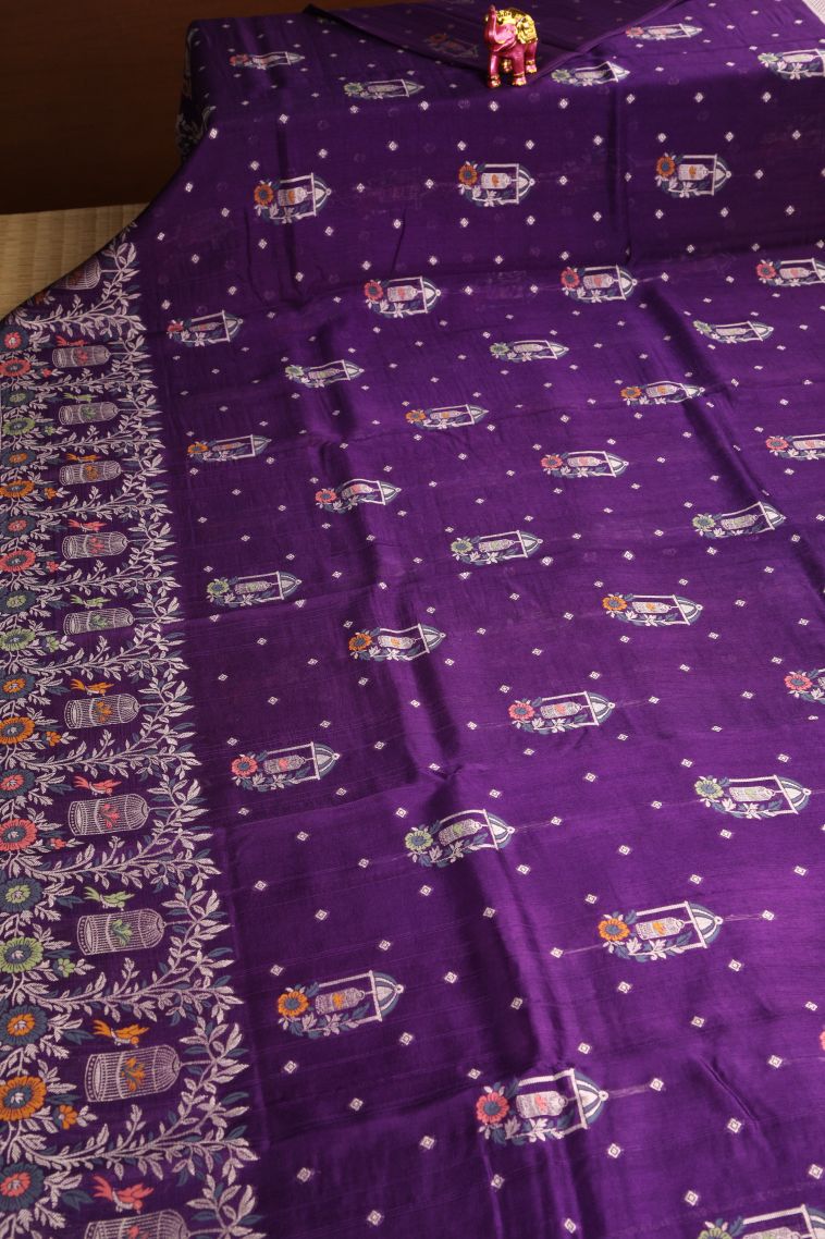 Viola Purple Banaras Sarees with Without Zari Zari Birds And Floral Pattern view 2