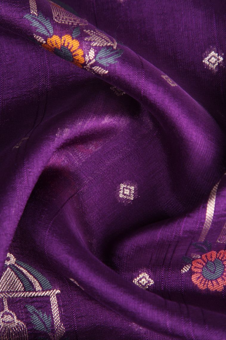 Viola Purple Banaras Sarees with Without Zari Zari Birds And Floral Pattern view 4