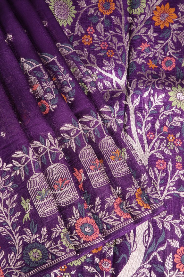 Viola Purple Banaras Sarees with Without Zari Zari Birds And Floral Pattern view 1