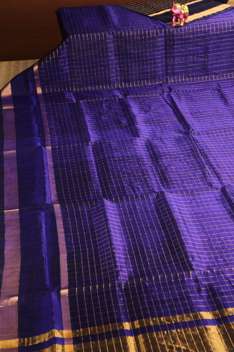 Azure Blue Silk Cotton with Gold Zari Checks view 2