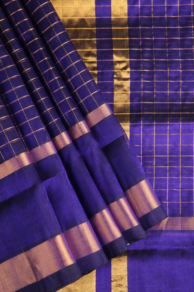 Azure Blue Silk Cotton with Gold Zari Checks