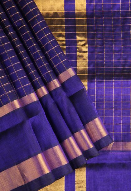 Azure Blue Silk Cotton with Gold Zari Checks