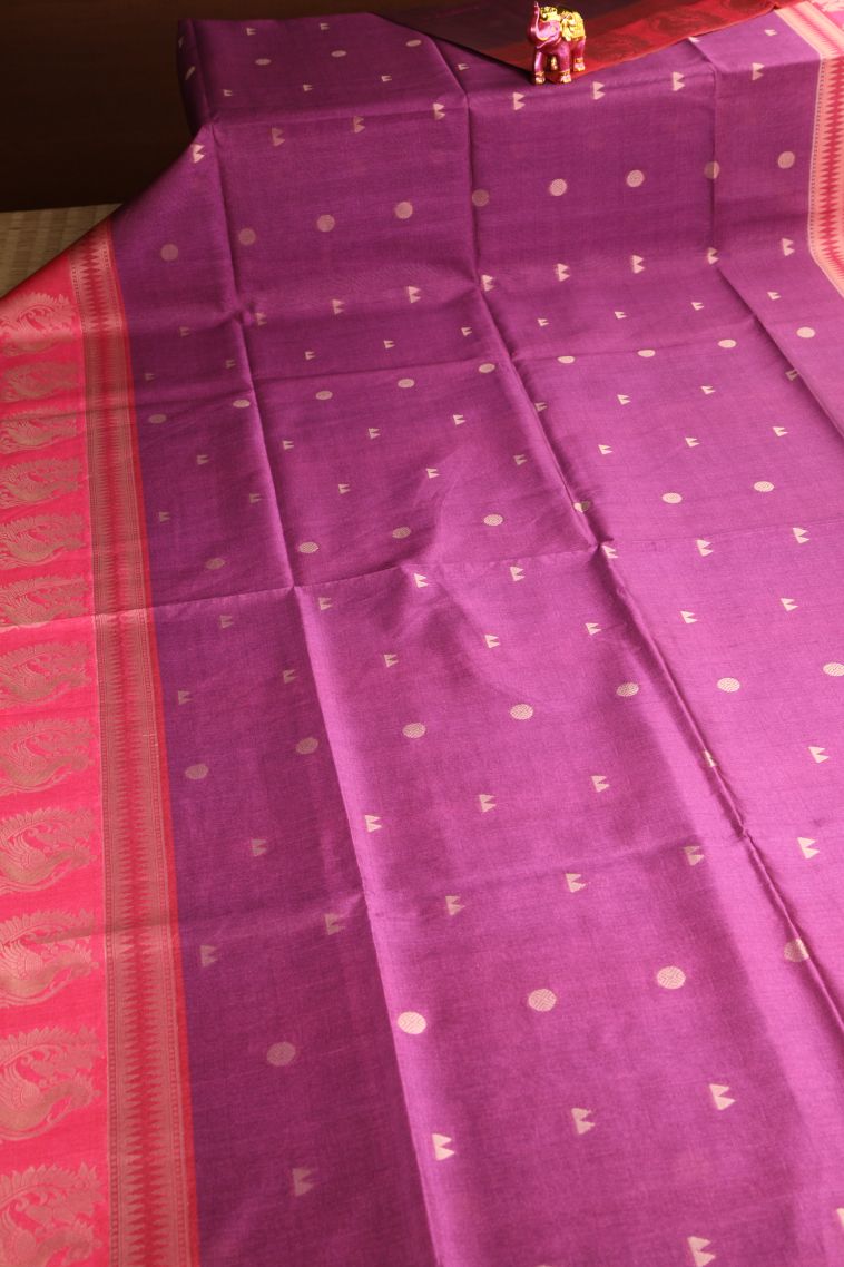 Magenta Purple Tussar Saree with Gold And Silver Zari Geometric Shapes view 2
