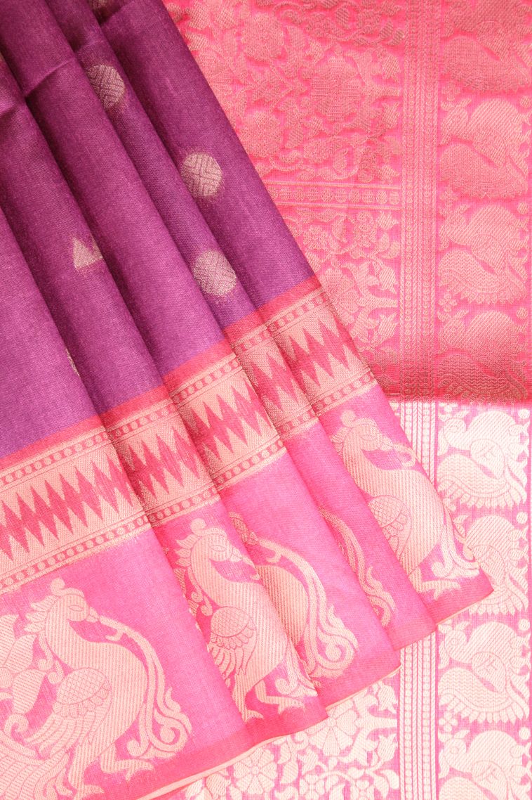 Magenta Purple Tussar Saree with Gold And Silver Zari Geometric Shapes view 1