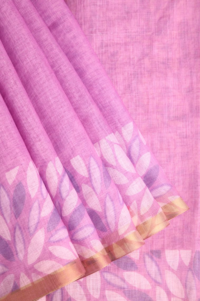 Lean Pink Linen Saree with Gold Zari Plain view 1