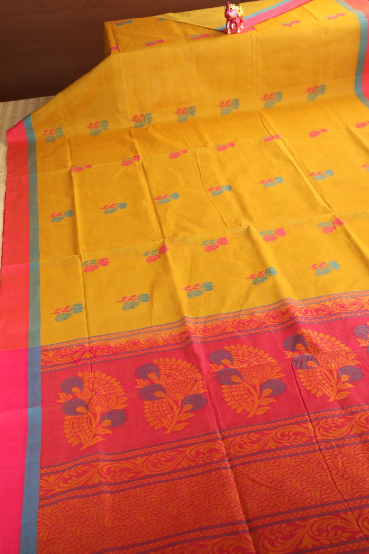 Macaroon Yellow Pure Handloom Kovai Cotton with Without Zari Zari Floral Patterns view 2