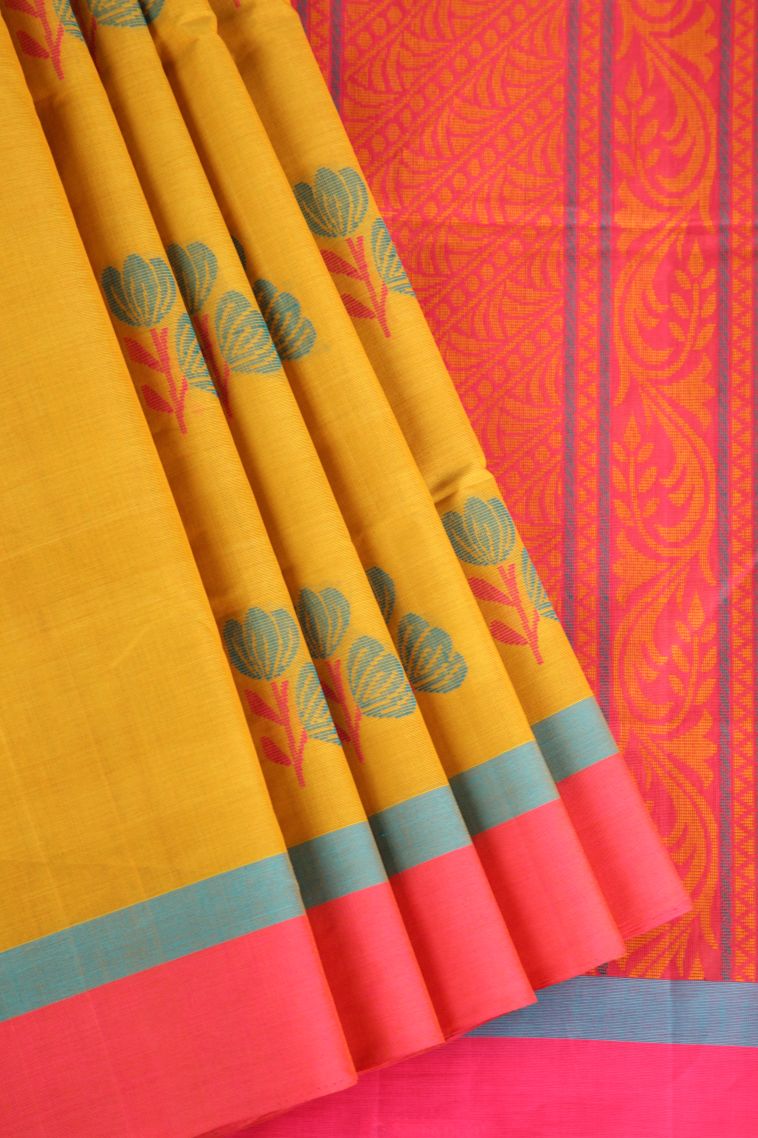 Macaroon Yellow Pure Handloom Kovai Cotton with Without Zari Zari Floral Patterns view 1