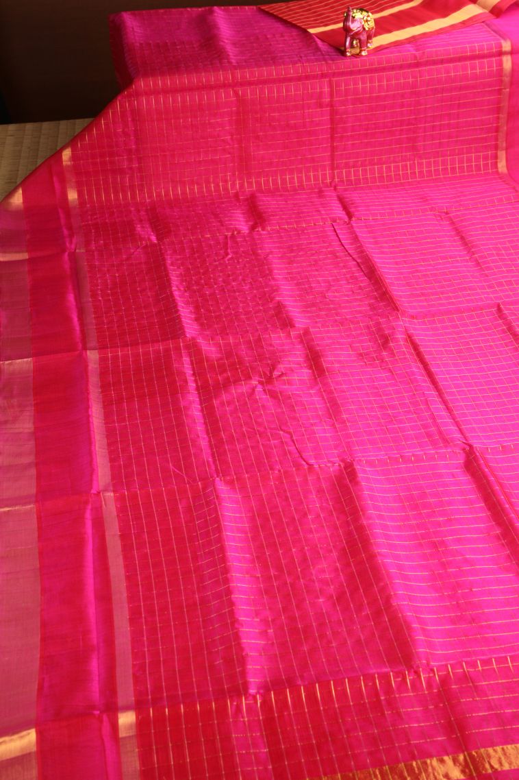 Punch Pink Silk Cotton with Gold Zari Checks view 2