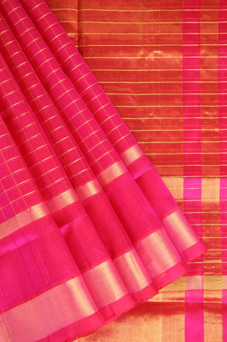 Punch Pink Silk Cotton with Gold Zari Checks