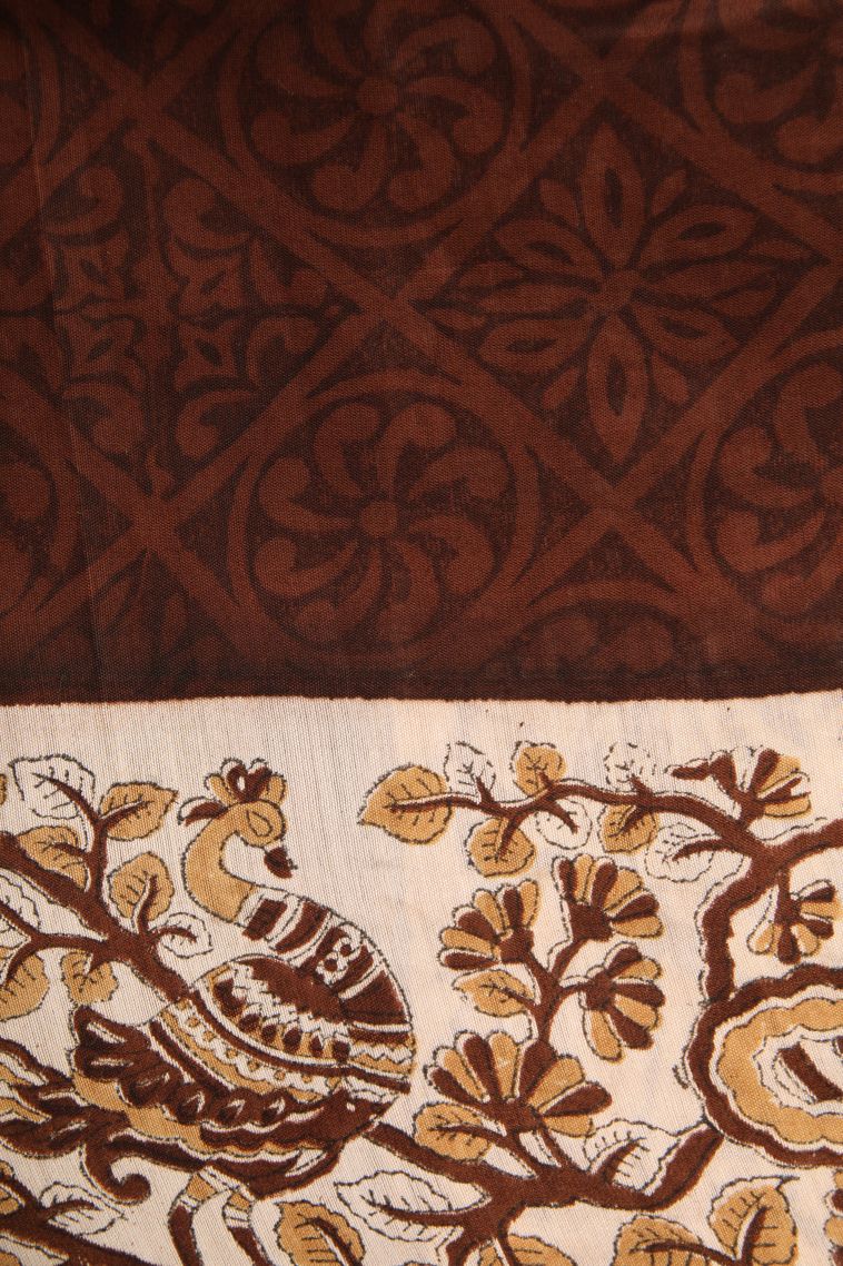 Cinnamon Brown Semi Raw Silk Printed with Without Zari Zari Floral Puttas view 3
