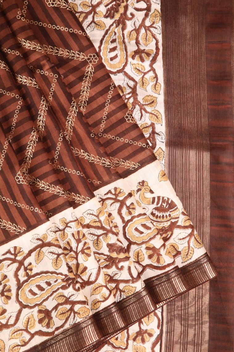 Cinnamon Brown Semi Raw Silk Printed with Without Zari Zari Floral Puttas view 1