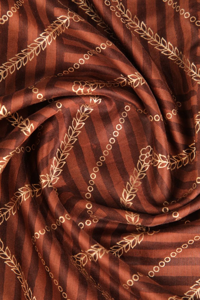Cinnamon Brown Semi Raw Silk Printed with Without Zari Zari Floral Puttas view 4