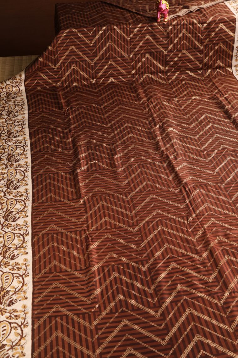 Cinnamon Brown Semi Raw Silk Printed with Without Zari Zari Floral Puttas view 2