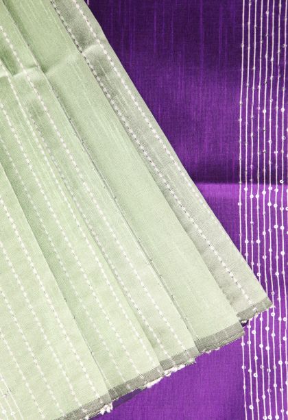 Pistachio Green Jute Sarees with Thread Zari Thred Weaving