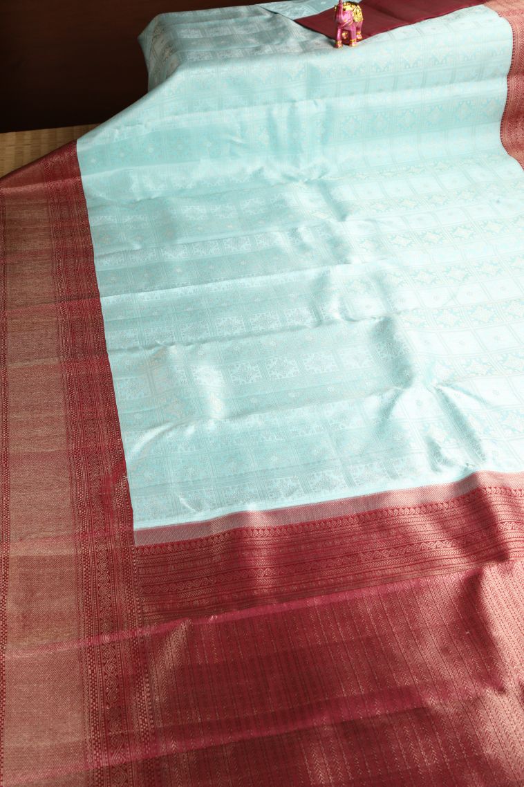 Sapphire Blue Kanchipuram Silk Sarees with Gold Zari Kolam Pattern view 2