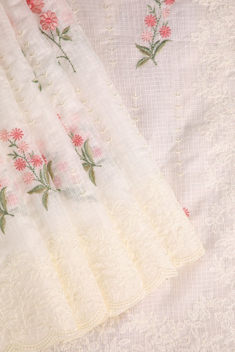 Cream White Manipuri Cotton Sarees with Without Zari Zari Floral Patterns view 1